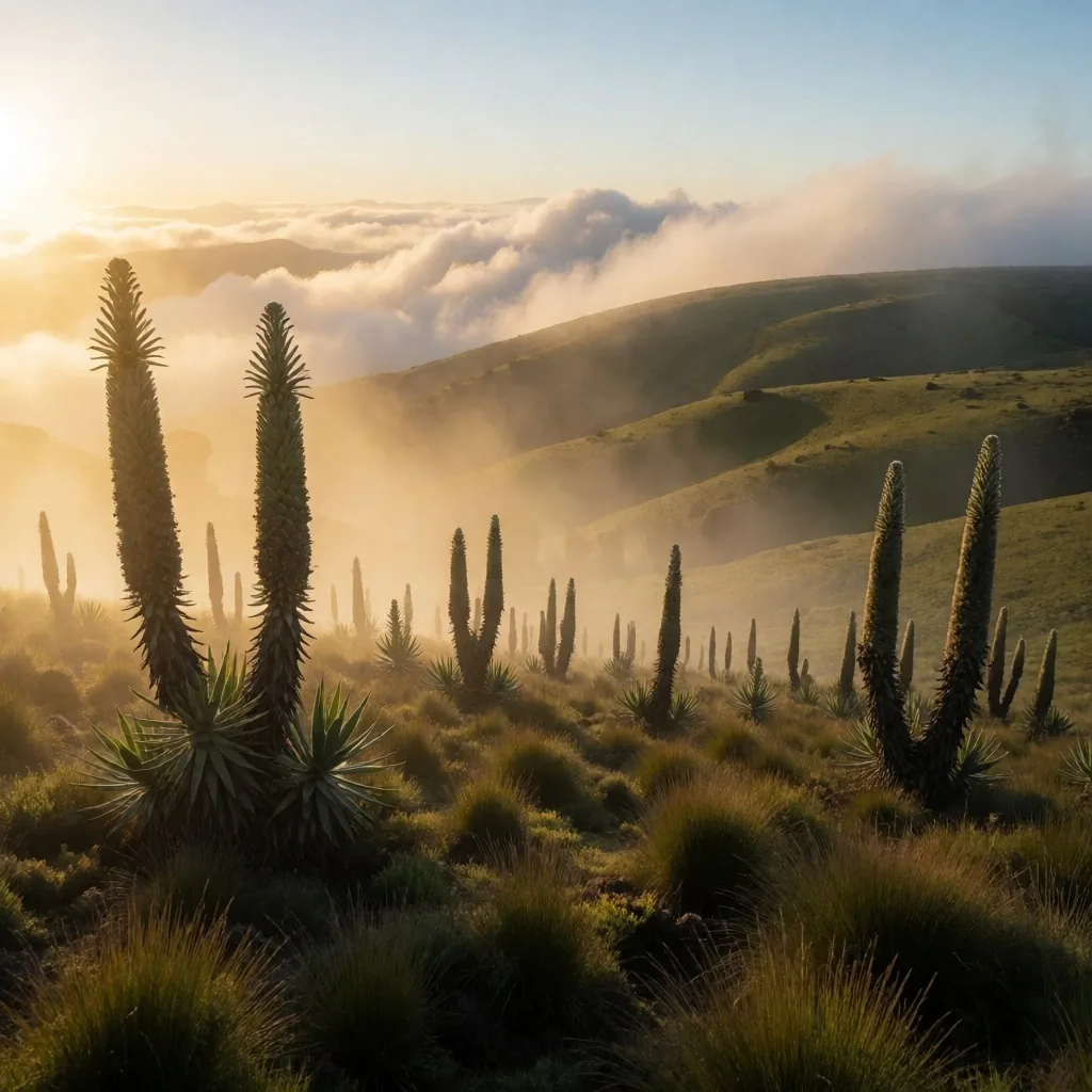Páramo colombiano al amanecer con frailejones