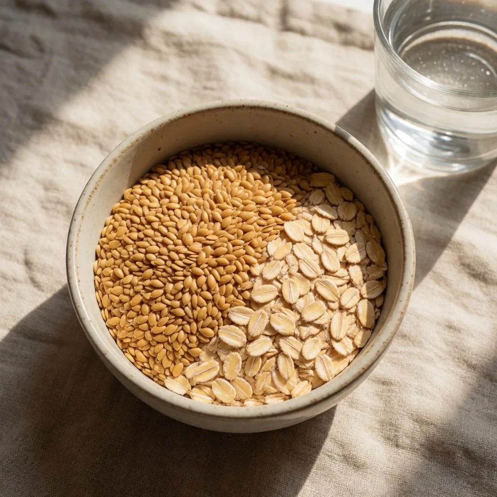 Semillas de lino y avena sobre tela de lino con un vaso de agua