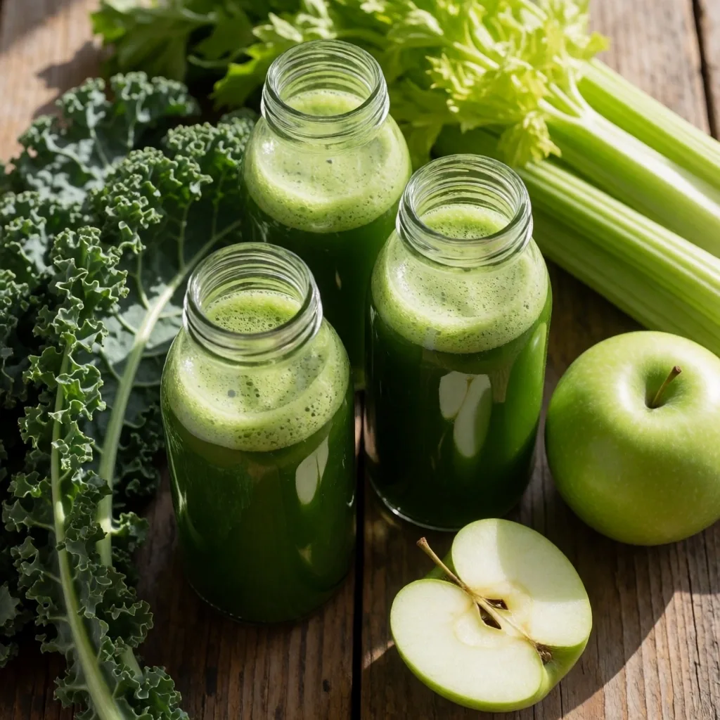 Jugos verdes prensados en frío con vegetales frescos