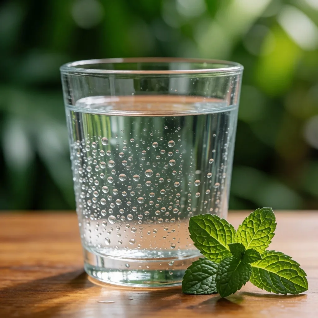 Vaso de agua pura sobre mesa de madera