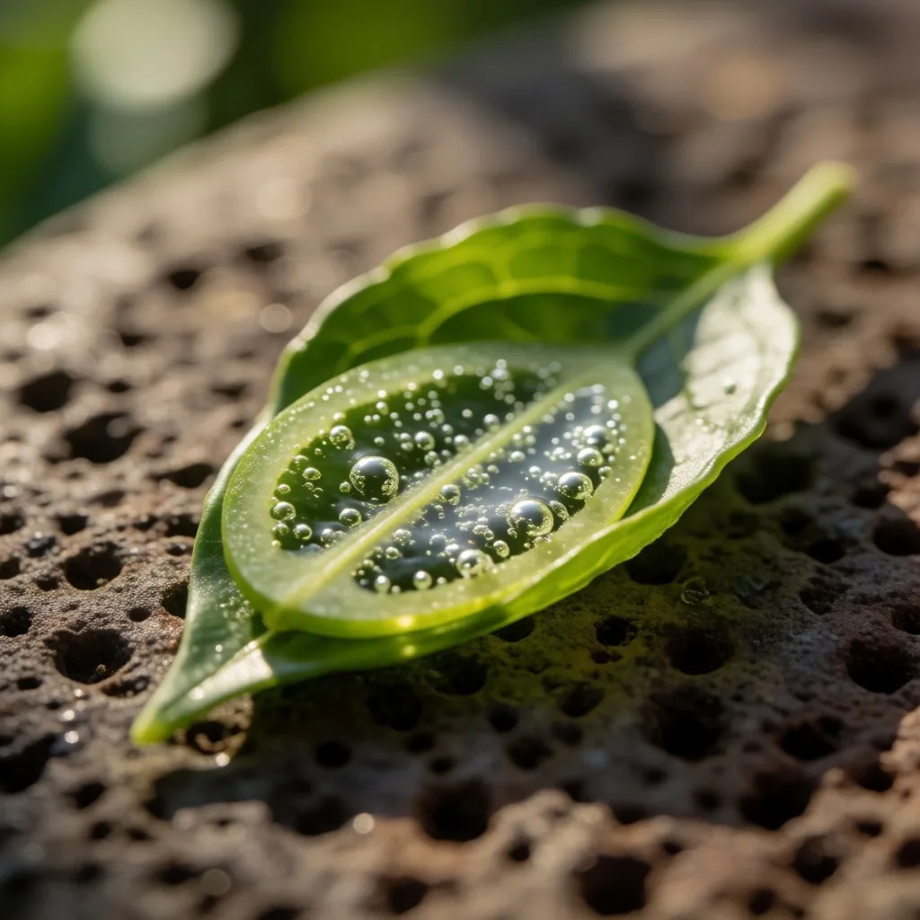 Hoja de sábila abierta mostrando su gel transparente
