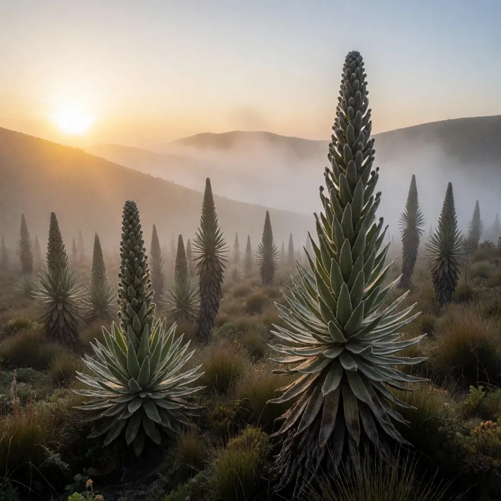 Páramo colombiano al amanecer con frailejones