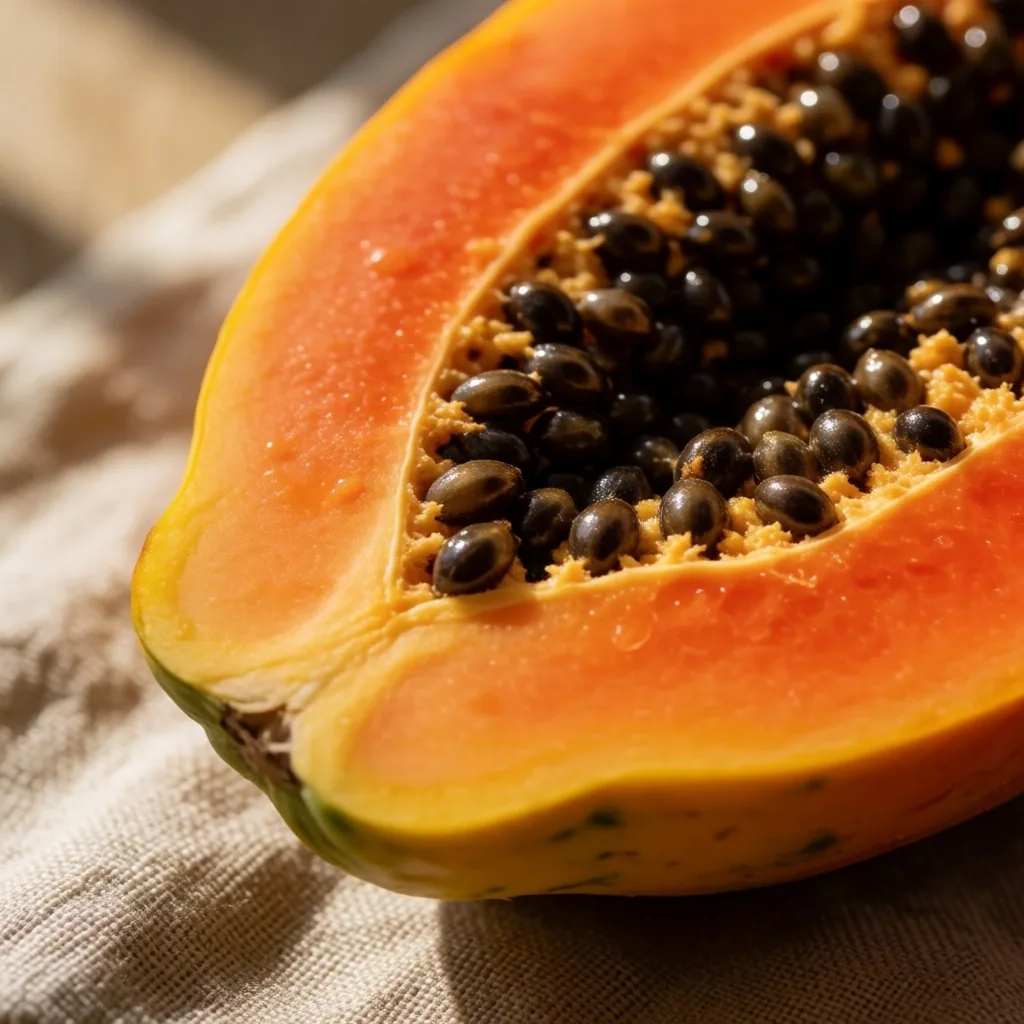 Semillas de papaya sobre tela de lino, ilustración de flora intestinal