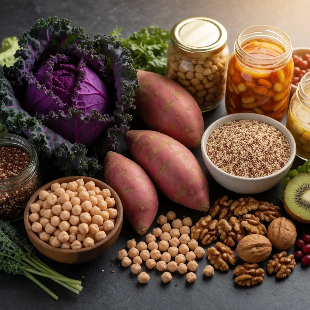 Variedad de alimentos vegetales sobre superficie oscura