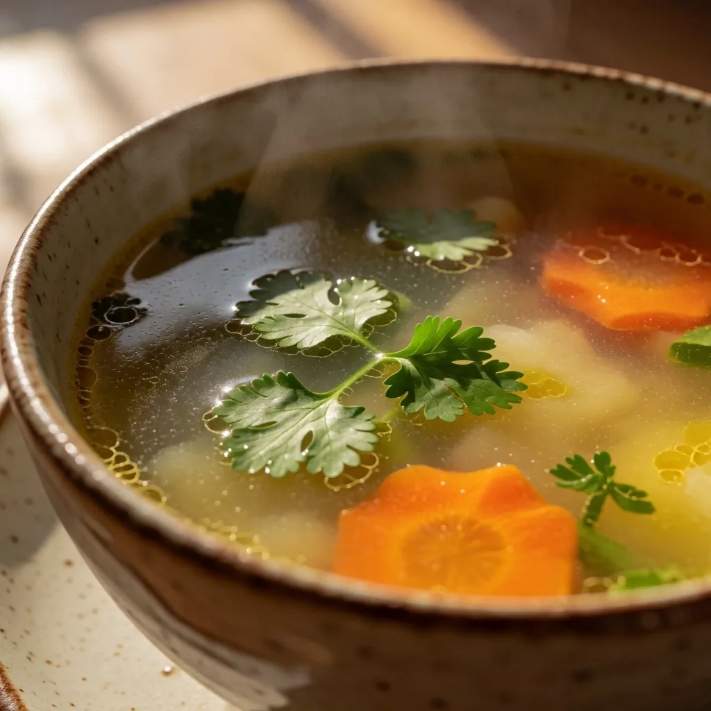 Caldo de vegetales humeante en cuenco de cerámica