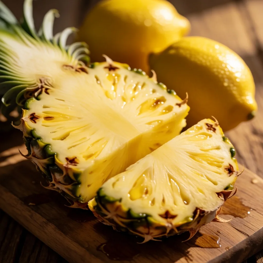 Piña y limones frescos sobre tabla de madera