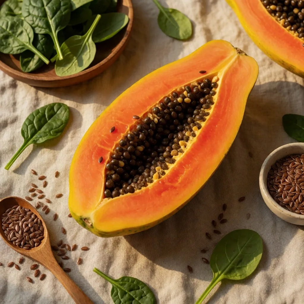 Comida depurativa con papaya, linaza y vegetales de hoja verde sobre tela de lino