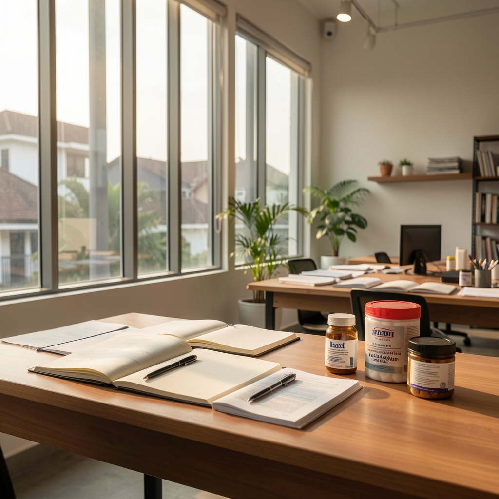 Editorial workspace interior with open notebooks, supplement containers, and morning light through tall windows — the etrona Journal editorial studio in Jakarta