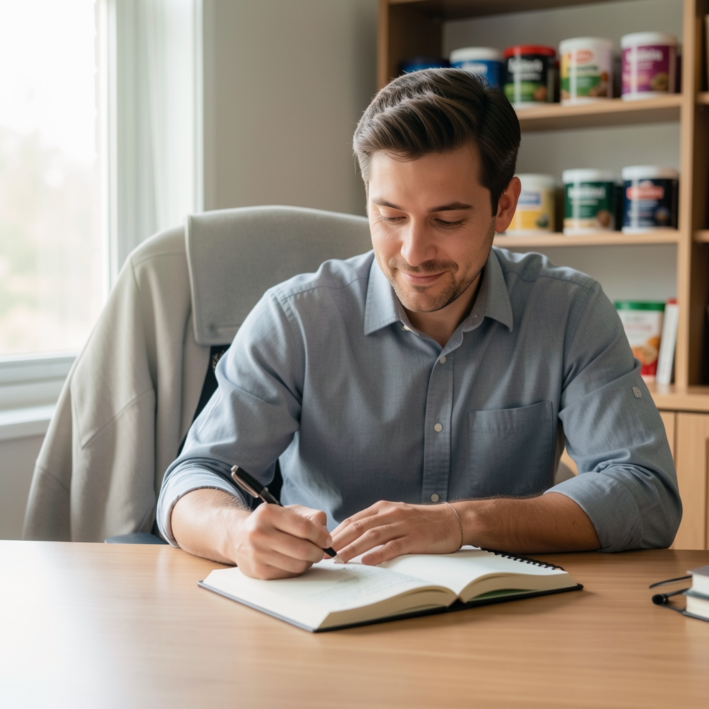 Man journalling at a desk with soft daylight, notebook open, protein containers visible in the background on a shelf