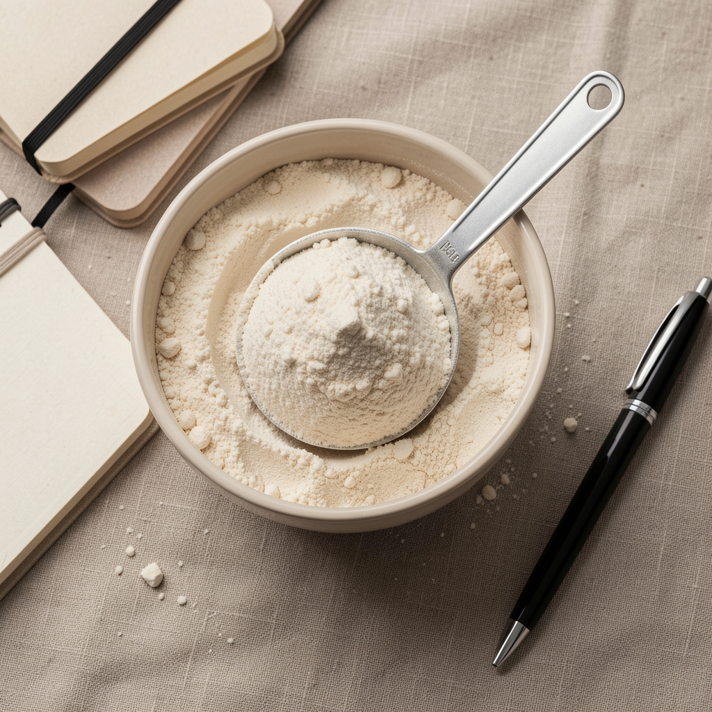 Close-up editorial overhead of protein powder and measuring scoop on a neutral linen surface with a notebook and pen beside it